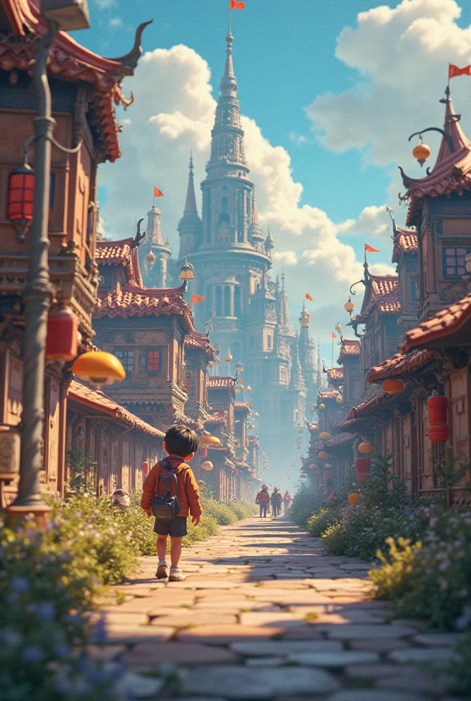 uma Casa de 2 andares com um letreiro na frente, A city with tall buildings behind it, with a child in front, estilo steampunk, Bright look with orange sky with a shy sun on the right.