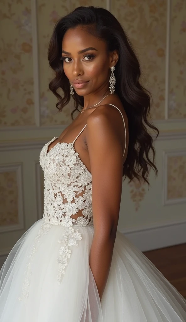 Realistic full body photo of a smiling black woman with long hair, Braided hairstyle, She dances in front of the camera in a long A-line wedding dress with straps made of shiny satin., Park,glamour fotoshooting, Wedding celebration, perfect anatomy, perfect brown eyes. Perfect hands with 5 fingers on each hand, Matching girl, looking at the camera, 1 Frau. (Eye make up:1.1), (highly detailed skin:1.1), spirit, analog style, keen focus, 8K  UHD, dslr, good quality, Fujifilm XT3, Grain, Award-winning, ​masterpiece. Wedding celebration