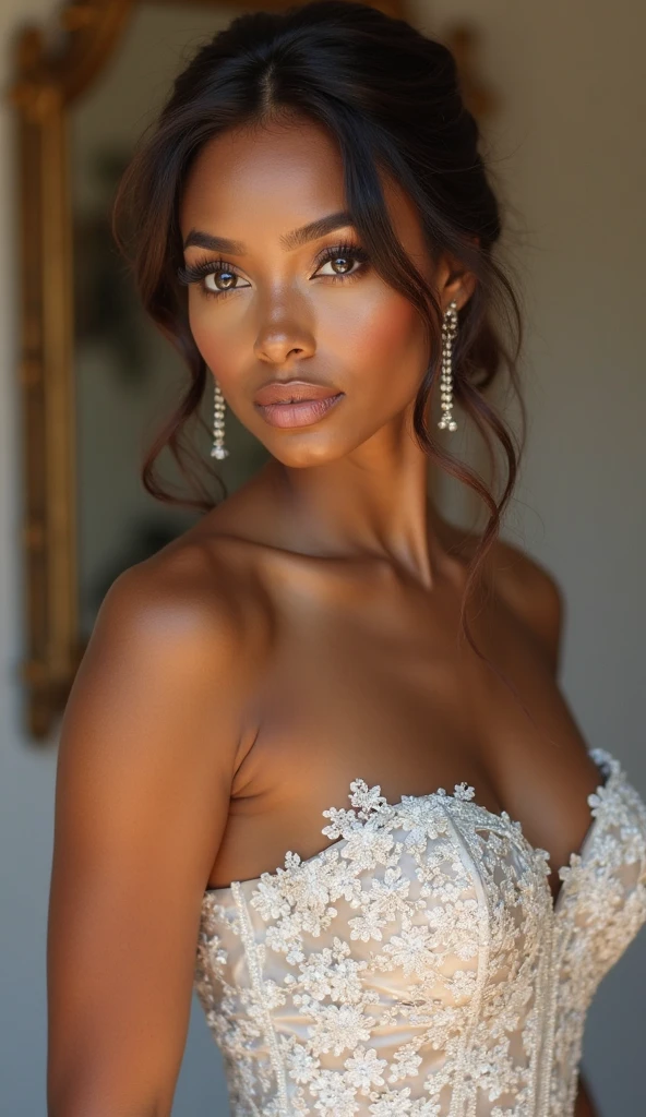 (masterpiece), best quality, expressive eyes, perfect face, big eyes, looking at viewer, large breast, big breast, short hair, small waist, smooth skin, mouth half open, Best Quality, Realistic, perfect figure, highly detailed, earrings, in a wedding dress, showing cleavage, big areola, large areola, big nipples, black girl, dark skin, hair accessory, diamond small necklaces, her hair up up and looks luxury