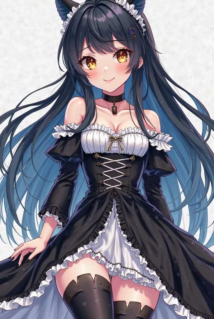 long dark hair, that is usually carried loose, with some strands framing her face. His eyes are a bright color and he has an expression that can vary from determination to vulnerability., which adds depth to his character.
Her clothing is elegant and has a gothic touch., aligning with the anime environment, that mixes elements of modern times with darker and more classic details. She usually wears a black dress with white details., which may include corsets and lace, highlighting your figure. She also usually wears gloves and eye-catching accessories that complement her look..