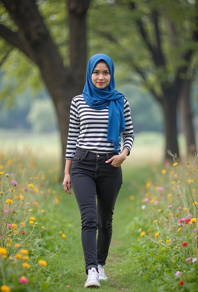 A beautiful young Indonesian woman in a hijab light blue, wearing a light blue shirt, black jeans , and a white purse, light brown shoes is standing facing the viewer on the paved road. ((Full Body Professional Gemoy)) and the background was a blurry image of trees and grass. The style is realistic and the images are sharp and well-lit.(( Full-body close-up photos))