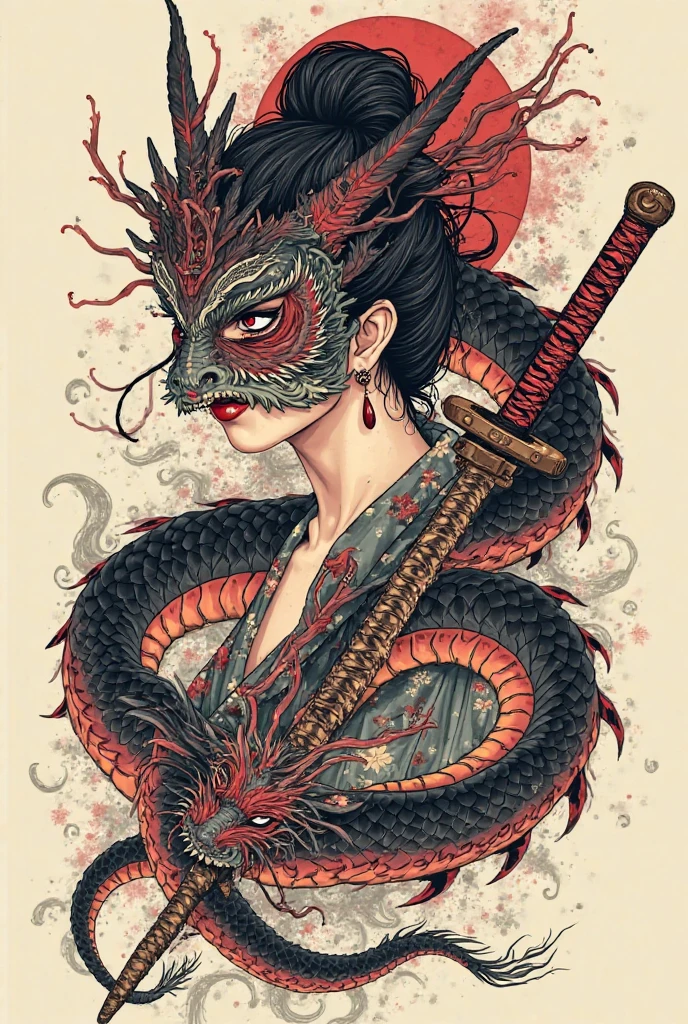 female dragon in chinese folk outfit, vector graphics, strong contours, logo design
