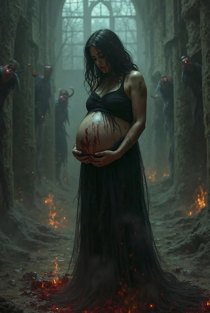 Photorealism 1.2 high definition pregnant women full white cloth very long hair hanging at dead tree with hooks on shoulder smoke effect ugly scariest face blood Asian rain forest background dusk effect zombie face deep jungle full white dress floating in the air night dramatic view cinematography view laugh with fangs holding babies
