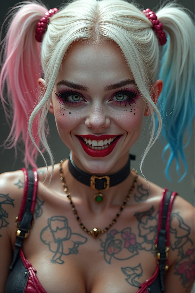Harley Quinn. White and pink hair. tatuados. Grinning. smudged makeup