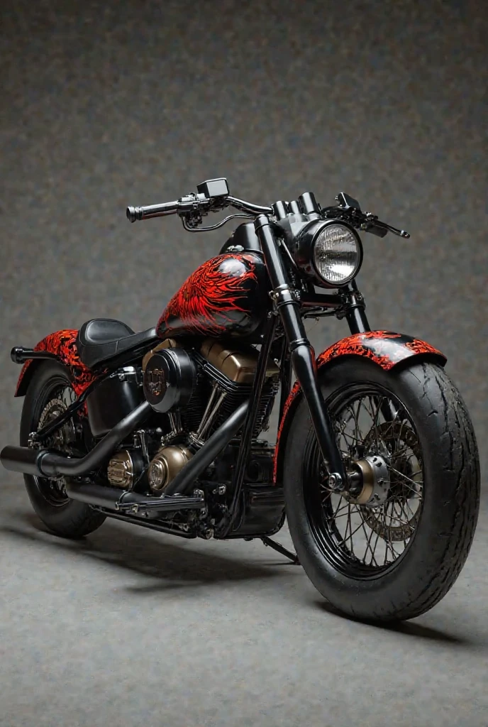 Chopper motorcycle painted black with red flames and a fire skull