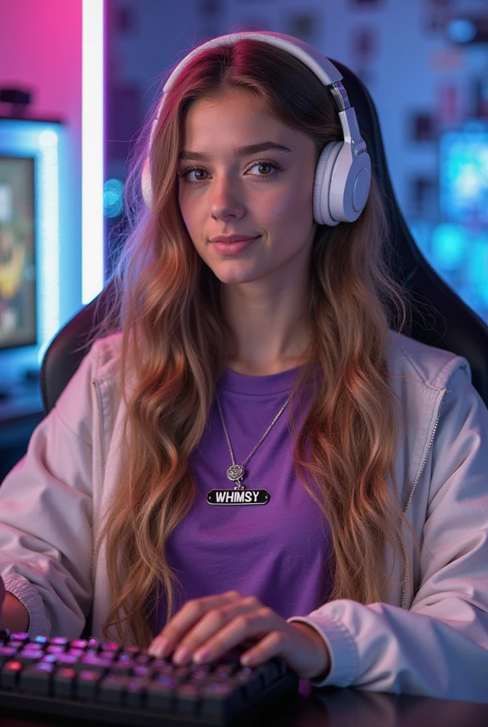 DEN_lola_jolie,
sitting at a computer wearing headphones and playing games (holding a controller:1.2) wearing a (hoodie:1.2) in a (neon lit room:1.3), (gamer:1.2), gaming, (gamer girl:1.3), games, (purple lighting, neon:1.2),
bokeh, f1.4, 40mm, photorealistic, raw, 8k, textured skin, skin pores, intricate details  <lora:epi_noiseoffset2:1>, epiCRealism <lora:ClothingAdjuster3:-1.3>