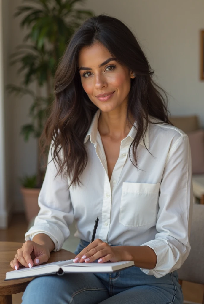 (Best quality, High-resolution, Ultra-detailed: 1.2), High Contrast, Dramatic lighting, Photo of a 45-year-old brunette woman, Robust and radiant, with a negro complexion, Shoulder-length hair, subtly wavy yet straight with a touch of abundance, Gangly but elegantly so, Wearing an office outfit, Navy blue long-sleeve shirt, Buttoned up with a subtle hint of vulnerability, Detailed facial features, wrinkles of wisdom etched softly onto her skin, A hint of blush on the cheeks, (0.5), Genuine smile, Lines of