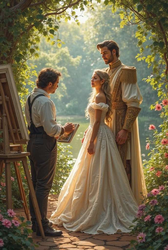 Um casal bonito, atraente e realista, The faces of the couple are beautiful and proportional ((rosto detalhado)), mulher vestida como uma princesa, The man is wearing an elegant outfit. Couple is walking in the garden, sol encharcado, Roberto Ferri e Ruan Jia, very magical and dreamy, noivos, Durante a Hora Dourada, imagem surrealista, golden hour sunset lighting, luz solar da hora dourada, Tiro na Hora de Ouro, soft golden hour lighting, sparkling in the sunlight. alta qualidade,master part, melhor qualidade, (extremamente detalhado CG unidade 8k papel de parede), (melhor qualidade), (best illustration), (Melhor sombra), absurdos, realistic lighting, imagem surrealista