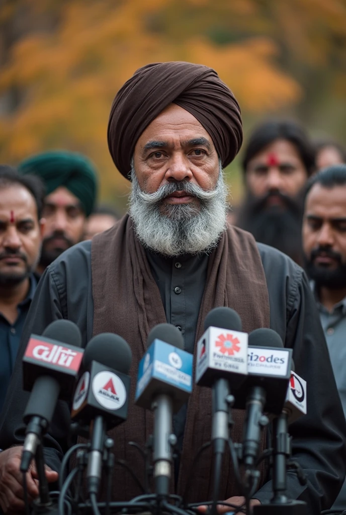 The image shows a group of men standing in a line, shaking hands. The man in the center is wearing a red turban and has a beard. He appears to be in his late 40s or early 50s. The other men around him are wearing traditional clothing, with some wearing caps. The background is blurred, but it seems to be an outdoor setting with trees and a cloudy sky. The overall mood of the image is somber and contemplative.