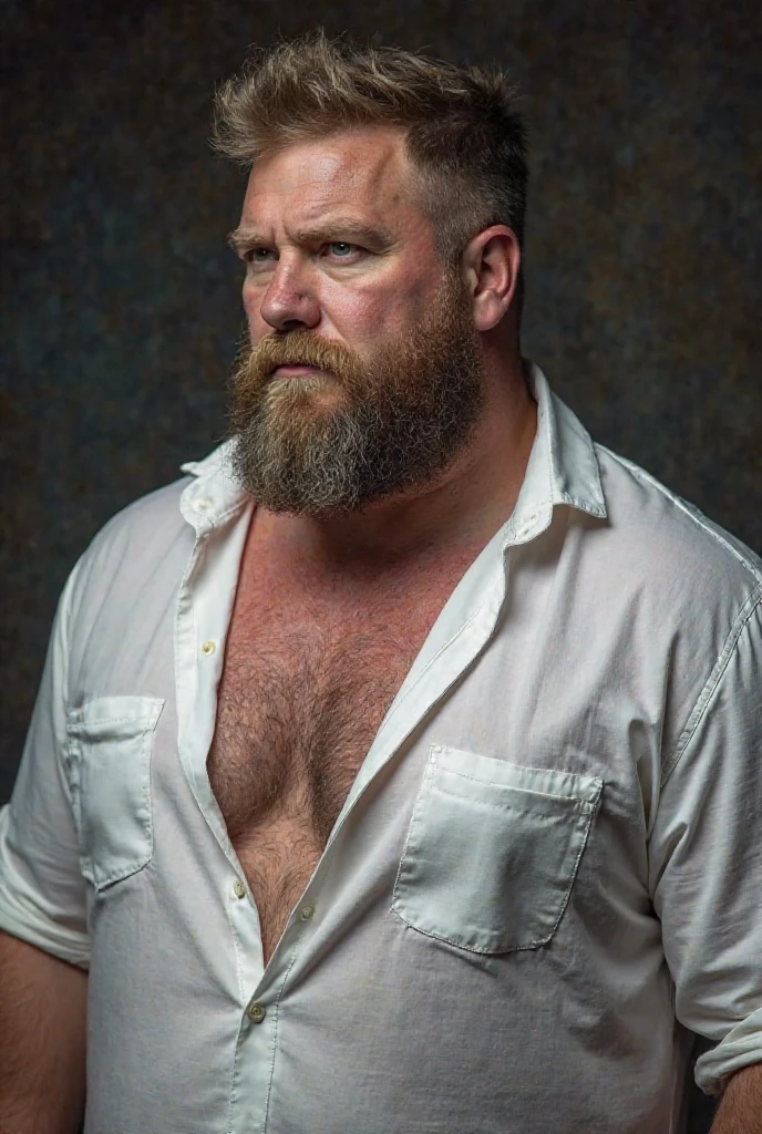 Paloroid image, old distroted, thirstrap, seductive, proud, revealing, Hot hunky uncle, skinhead, bearded, ginger, handsome, beefy, unaware, looking away, ((natural, lifelike)), hairy, macho, ugly, wearing a white tank top:1.4, sitting on a couch, at home, instant cundhot on the tanktop,