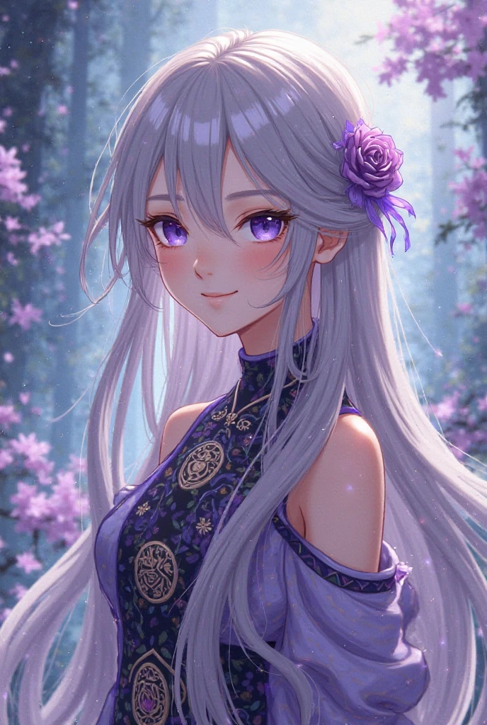 masterpiece, best quality, 1 girl, gray hair, orange eyes, purple outfit, outdoors, nature, night, purple flowers, smile, purple stars, realistic, upper body