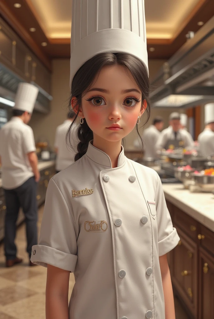 There is a small child standing on a tiled floor in a room, vestindo roupa de cozinheiro, mateus 9 5, menino bonito, Reyyan, inspirado em Abidin Dino, olhando para o lado dele, 2 anos, Serious expression, chef de cozinha, Jose Miguel Romano Francisca, Directed by: Nandor Soldier, looking defiantly at the camera, olhando bonito, Alex, concerned expression