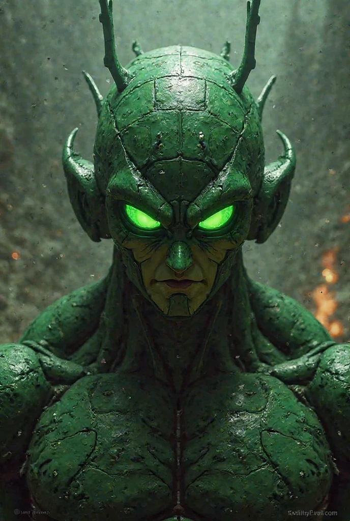 alien, green skin, monstrous, evil, (best quality,4k,8k,highres,masterpiece:1.2),ultra-detailed,(realistic,photorealistic,photo-realistic:1.37),highly detailed armor, intricate details, dramatic lighting, dark and moody atmosphere, cinematic composition, dramatic colors, chiaroscuro lighting