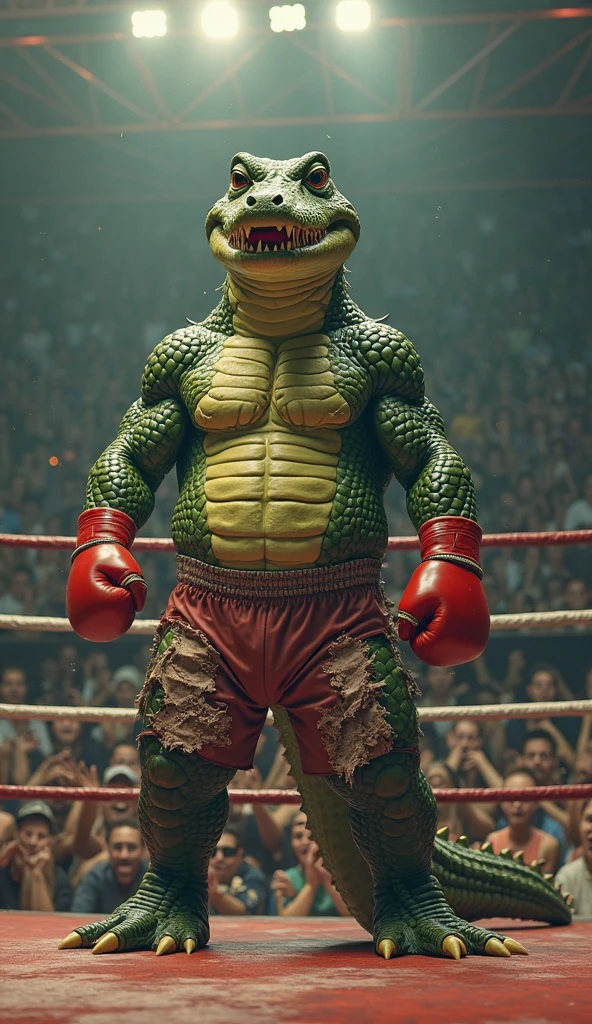 sozinho, macho, alligator, focinho longo, dentes afiados, Presas, rosto grosso, Face larga, ombros largos, musculoso, polir, forte, alto, gigante, Massive, enorme, gigantesco, Big biceps, Pecs grandes, Corpo verde, pele verde, olhos amarelos, chubby, big belly , Virilha detalhada, massive bulge, por darkgem, por Mystikfox61, por chunie, por vader-san, Olhando para o Viewer, sombrio, Dramatic, arena , wrestling venue, grandstand, traje espacial azul, uniforme, wrestling