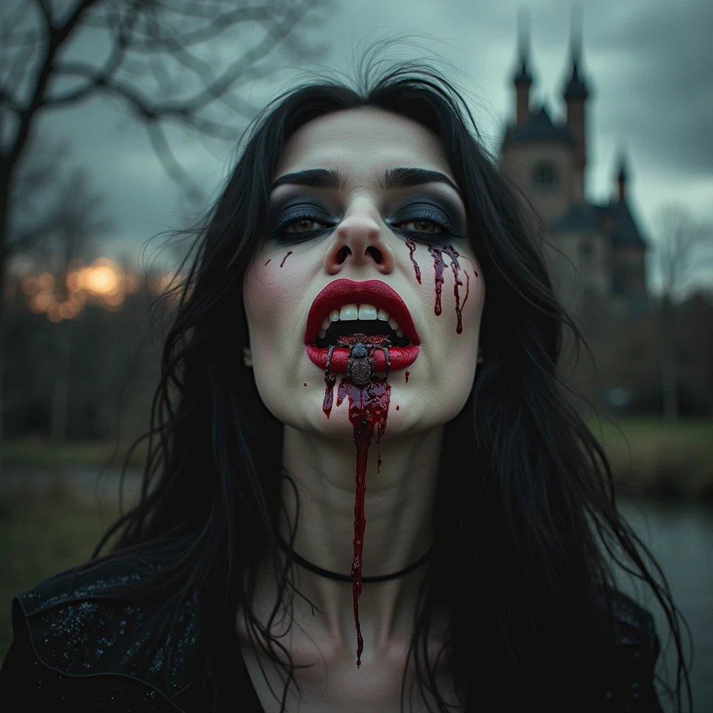 Generate a hyper-realistic image that employs the shallow depth of field technique, Head and sholders portrait to highlight a pretty goth (((vampire))) girl, ((open mouth with vampire canine teeth)) , ((blood dripping from mouth)) perfect teeth, wearing a gothic dress, ((cut hair with fringe)), tattooed, ((heavy makeup)) , at ((night in a creepy cemitery)) setting, (((under the moonlight))). The girl should be the focal point, with crisp clarity, while the background of the forest should be gently blurred to create a bokeh effect. (((black roses In the foreground))) should be visible but blurred, adding depth to the composition.", adding depth to the composition. Sony Alpha A7R III, macros lens , f/5.6. ((Cinematic purple and pink Lighting)) .