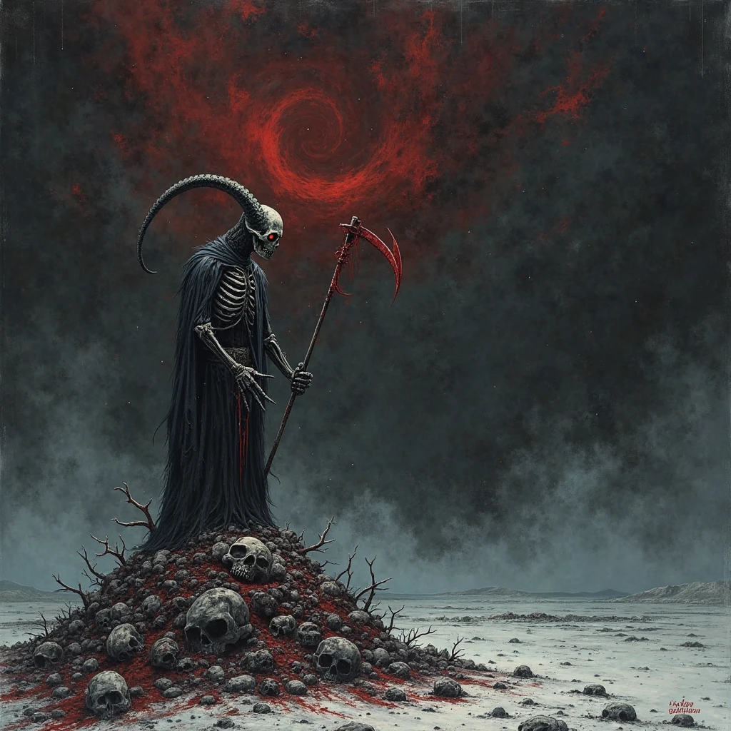 An oppressive, nightmarish black metal album cover depicting a desolate, frozen wasteland under a pitch-black sky pierced by faint, blood-red streaks, as if the stars have died. A skeletal, horned demon with glowing, hollow eyes stands atop a pile of decayed s, clutching a jagged, blood-stained scythe. Swirling, suffocating black mist engulfs the scene, with faint, eerie whispers of ghostly faces emerging from the shadows. The palette is dominated by deep blacks, grays, and crimson, with a raw, hand-painted, grotesque texture, highly detailed, ultra-realistic, 4k resolution, exuding pure dread and hopelessness