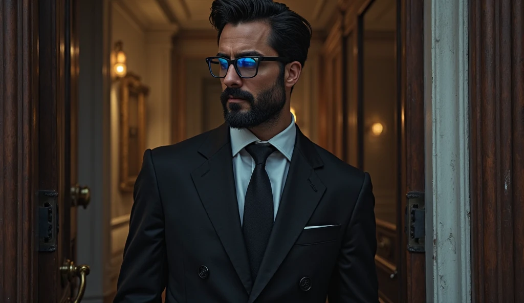 A MAN ABOUT 40 YEARS OLD, WITH BLACK HAIR AND A NICE BEARD WITH BLUE-FRIMED GLASSES, VERY ELEGANT IN BLACK CLOTHES, STANDING AT THE DOOR OF THE APARTMENT PENSIVELY. WITH EYES CLOSED.