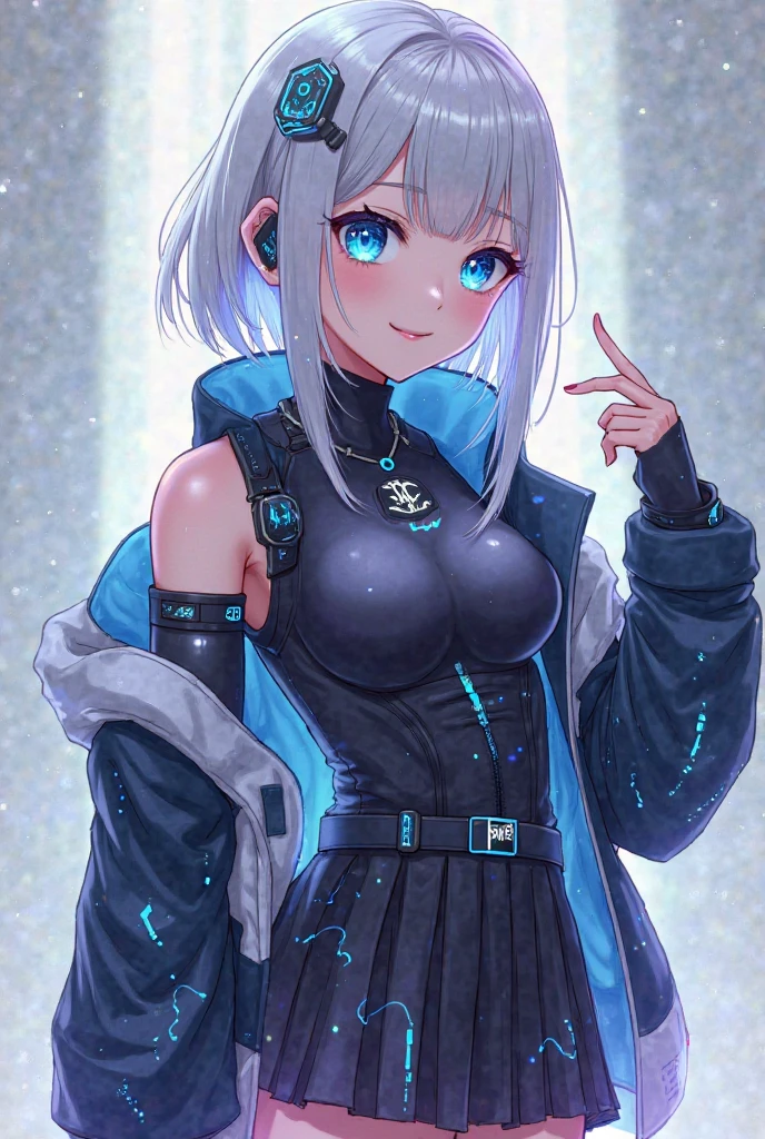best quality, masterpiece, highres, solo, {aoba_moca_bangdream:1.15}, short_hair, grey_hair, bangs, blush, smile, blue_eyes, 1girl, :p, black_choker, choker, collarbone, hood, hood_up, hooded_jacket, jacket, jewelry, looking_at_viewer, necklace, pendant, simple_background, tongue, tongue_out, black_jacket, breasts, cleavage, cross-laced_clothes, dated, upper_body, drawstring, hair_between_eyes, white_background