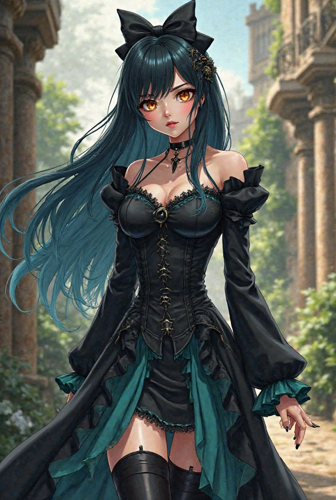 Coffee Black skin, female, black hair with a green stripe, black lipstick, freckles, happy, rockstar, her bridal motif changes to a rocker one, and she has a black sleeveless dress with a green ruffled underskirt and black shorts, and a black and green leather jacket and thigh high boots. She has sblack spikes on her boots, and a black spiked collar, wrist cuffs, and headband, with black spikes down the center of her dress. She also has black biker gloves and a clover zipper pull on her jacket. Anime, fantasy