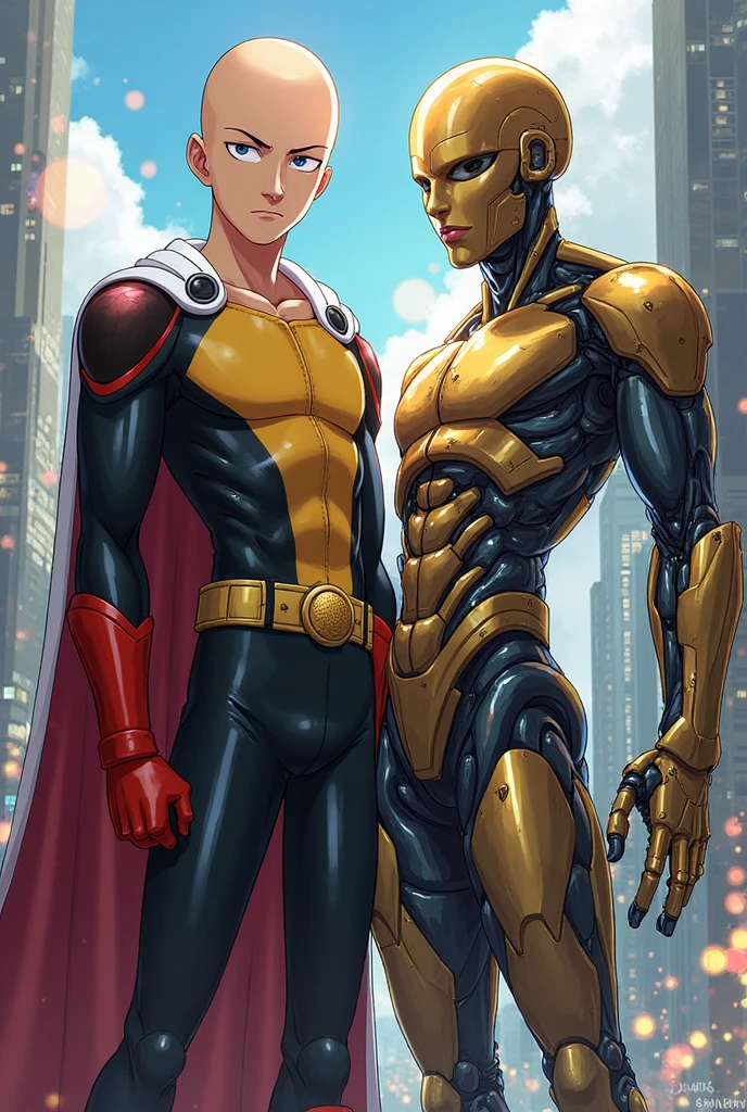 Anime character : saitama, anime : one punch , (1 boy), portrait, yellow hero body suit , red color cape, full body focus, hero pose, 35 age, bald, focused face, detailed, muscular, shinning lighting hair, background : villains
