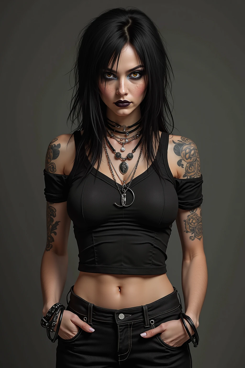 thug female, goth, portraits, oil painting, edgy, dark makeup, leather jacket, tattoos, piercings, smoky eyes, fierce expression, dramatic lighting, vibrant colors