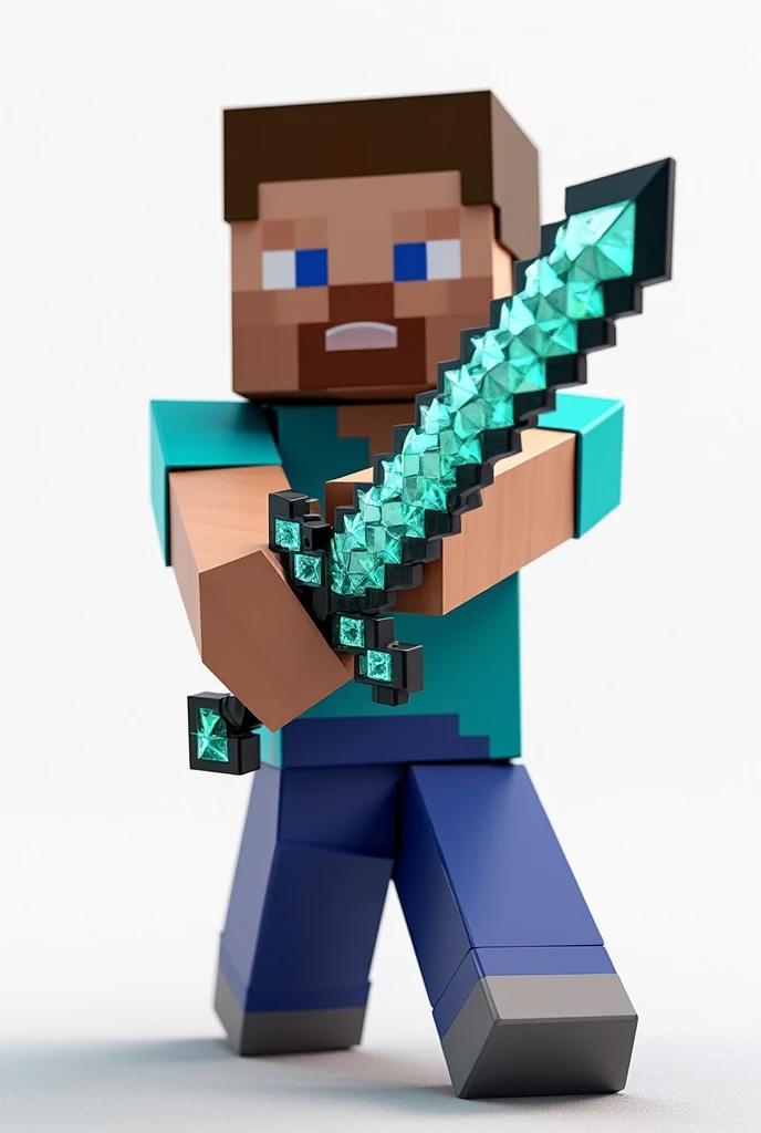 A Minecraft character standing Without a shirt or t-shirt holding a diamond pickaxe. A hat on his head. Wearing a black color pant with a nice shoe. Beautiful bright light. Minecraft character Close view. In a white background.
