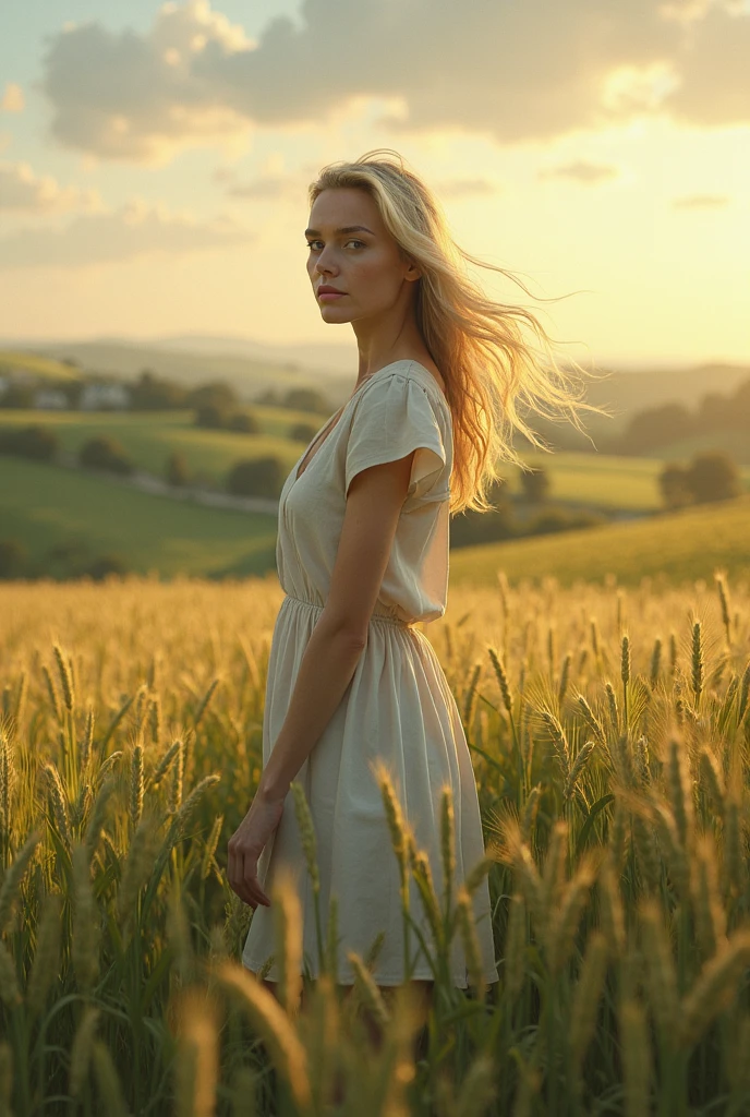 A cinematic, widescreen, wide-angle depiction of the Virgo horoscope sign. The scene features a graceful woman holding a sheaf of wheat, symbolizing harvest and purity, standing in a golden field. The woman is depicted with intricate details in her flowing dress and serene expression, exuding a sense of calm and nurturing energy. The background includes a soft, golden sunset and a gentle breeze moving through the fields, creating a peaceful and harmonious atmosphere. The composition adheres to the golden ratio, ensuring perfect proportions and aesthetic harmony.