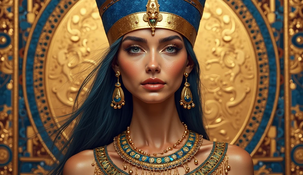 Beautiful Queen Cleopatra, wonderful with lots of gold. luxury dress, wealth, long hair, heavy and beautiful makeup.very beautiful.Perfect photo blue-black hair