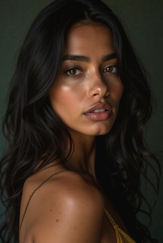 young woman, skin black, blackquality hair, dark shaped eyes, glare eyes, side profile of the face, face detailed, light brightening the face, black background with details, redgown, bluor.