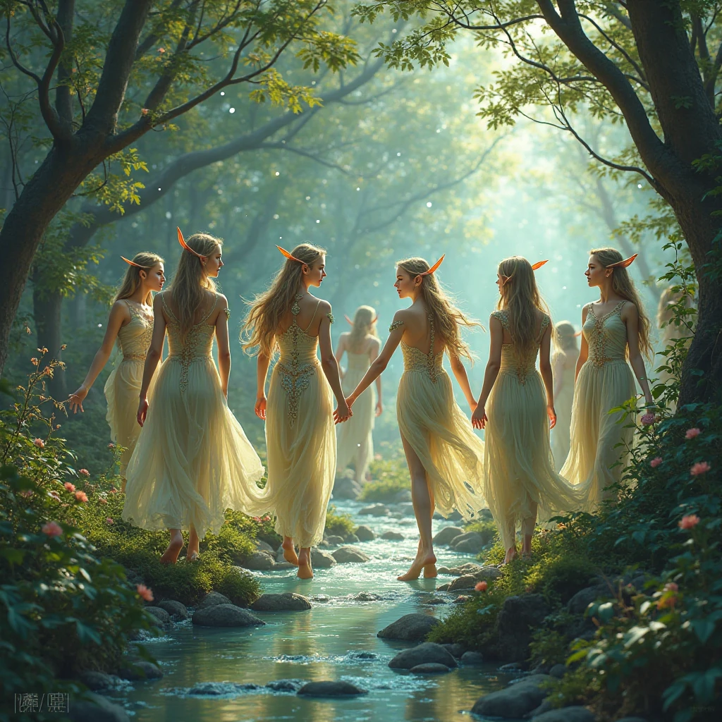 paint of five females lie on back of a white scan on the river, forest, a hand some man, full body standing, naked, wide, deer, bird, flower, cloud, female greek god, white hair, mature, hairy torso, fantasy, intricate, elegant, highly detailed, digital painting, artstation, concept art, smooth, sharp focus, illustration, art by gaston bussiere and alphonse mucha, almost naked