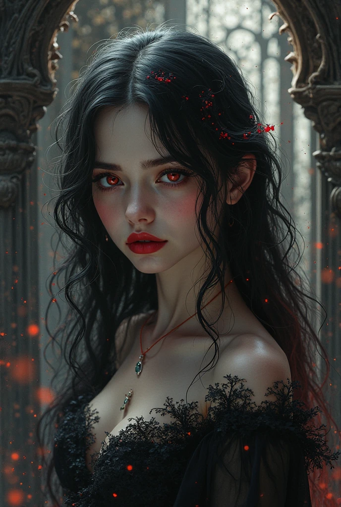 Create a art of a ultra high definition epic quality of a Attractive lip,vampire girl,Black dress,💋 💖, Beautiful fantasy art, Glitter jewelry and, Vampire 🧛♂️ teeth, cute, high quality, In the style of unreal engine 5 art