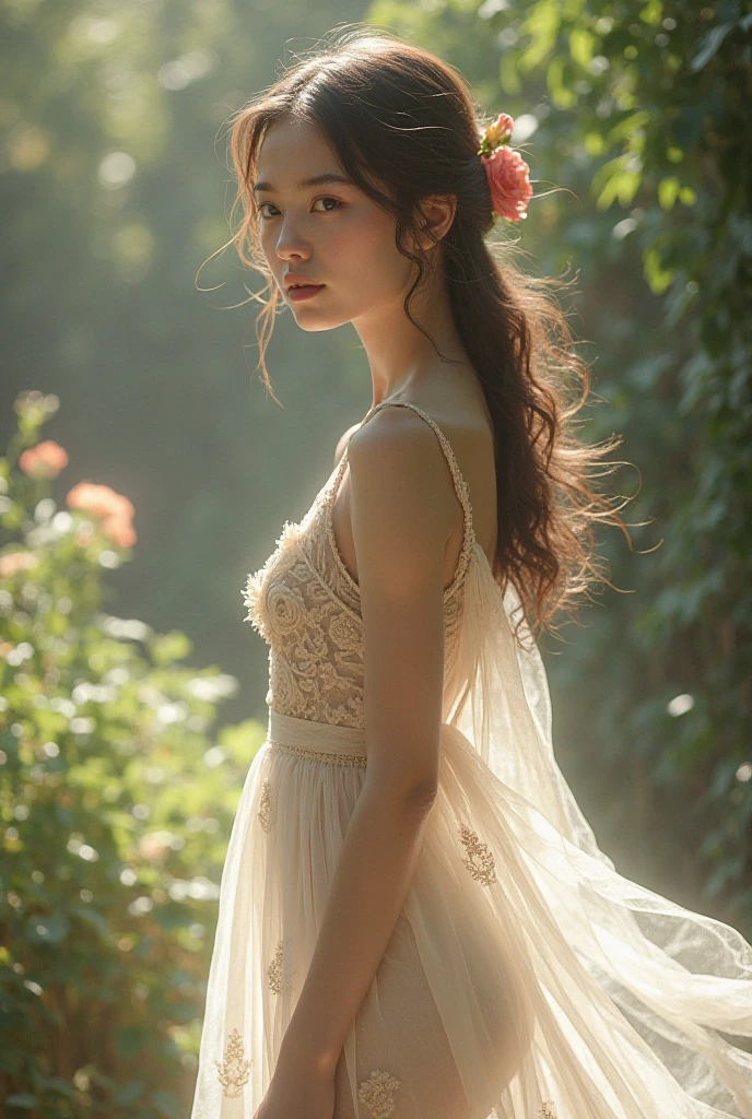 The Girl in the Garden,illustartion,Detailed flowers,Beautiful sunlight,Best Quality,Ultra-detailed,Realistic,PORTRAIT STYLE,bright colours,fine brushwork,dreamy atmosphere,soft shadows,Fresh herbs,peaceful atmosphere,A gentle breeze,The whisper of leaves,A broad perspective,Graceful posture,Harmony between nature and the presence of man,Unearthly beauty,delicate features,Sun-drenched complexion,flowy dress, decorated with floral patterns,Butterflies flutter around,serene expression,Life with peace of mind,Subtle color gradients,evoking a sense of nostalgia,Vivid image of light and shadow,blurred background, highlighting a girl,Meticulous attention to detail,Brilliant capture of the moment,inviting the viewer to step into the peaceful world of the garden