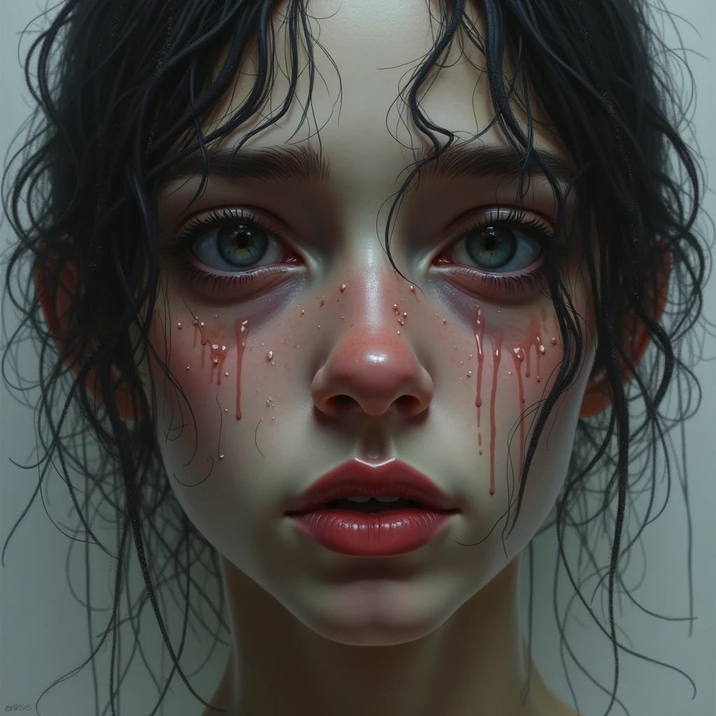 I am she who is trapped in a surreal painting where only my face is seen in 3D with feelings of sadness from many accumulated lives. A lot of depth of field highlights my face marked by other lives but the lighting varies. There is no specific one but the reality that is seen is impressive. Every detail is perfectly done and reflects all her frustrations in her mind. . The message I want to convey is that there are other realities, very real, detailed 3D, of this reality with lies. , 48k use the rule of thirds bright colors fantastic expression use only dark colors don't use flowers use something else