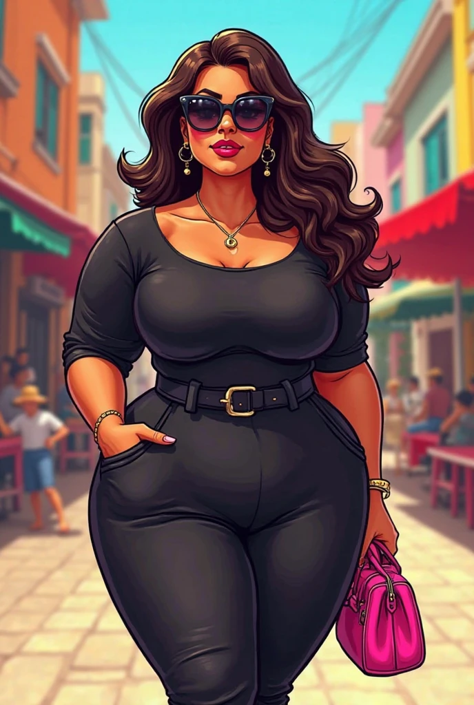 (a mature woman:1.2)| 1girl, curvy, beautiful african american woman, brown skin, makeup, super detailed, modern style, city, direct look, contoured.