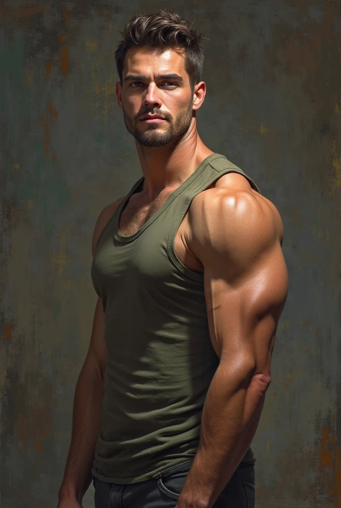 Illustration in Leyendecker style: full-length drawing shirtless Sean Strong - 29, 6'1", 205 lbs, cos, similar to Henry Cavill, but a face like Tom Hardy for inspiration, beutiful, but not model material, Dark Brown Hair, Almost black pool of eyes, Constant five-hour shadow, pouty lips, marine, MARSOC Artillery Sergeant, Head of the Operations Department of Divisions, wounded while escorting Iraqi security forces in north-central Iraq. Three GSWs (Cannon Gunshot wounds) Shattered middle of the left thigh, Shattered right clavicle, and the bullet touched the jawline on the right side of his face and tore off his right earlobe. At Pacific High School, San Bernardino, California, He had an A 3.7 GPA and was a quarterback on the football team. San Diego State University, He specialized in linguistics. He is fluent in Spanish, Arabian (Accent in Mesopotamian), and Gaeilge (Not offered at school, I studied it on my own) In honor of his ancestry. Played football for the San Diego State Aztecs for four years. After that, How he got his