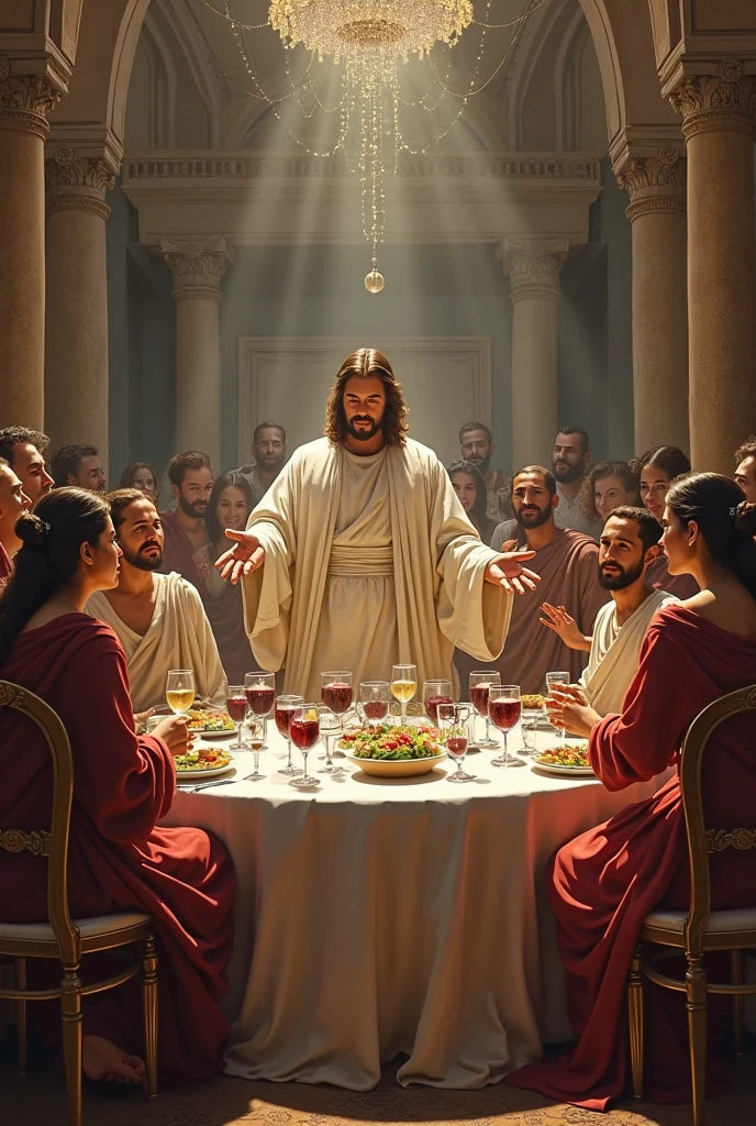 A serene yet detailed scene depicting the sons and daughters of Job gathered around a large, elegant banquet table in a spacious, ancient house. The family is enjoying a lavish feast with an abundance of food and wine, their faces full of joy and contentment. The room is warmly lit by oil lamps, and the atmosphere is festive, with rich decorations adorning the walls. Outside the windows, the sky is calm and clear, giving no hint of the impending disaster, capturing the moment of peace before the storm described in the story of Job.
