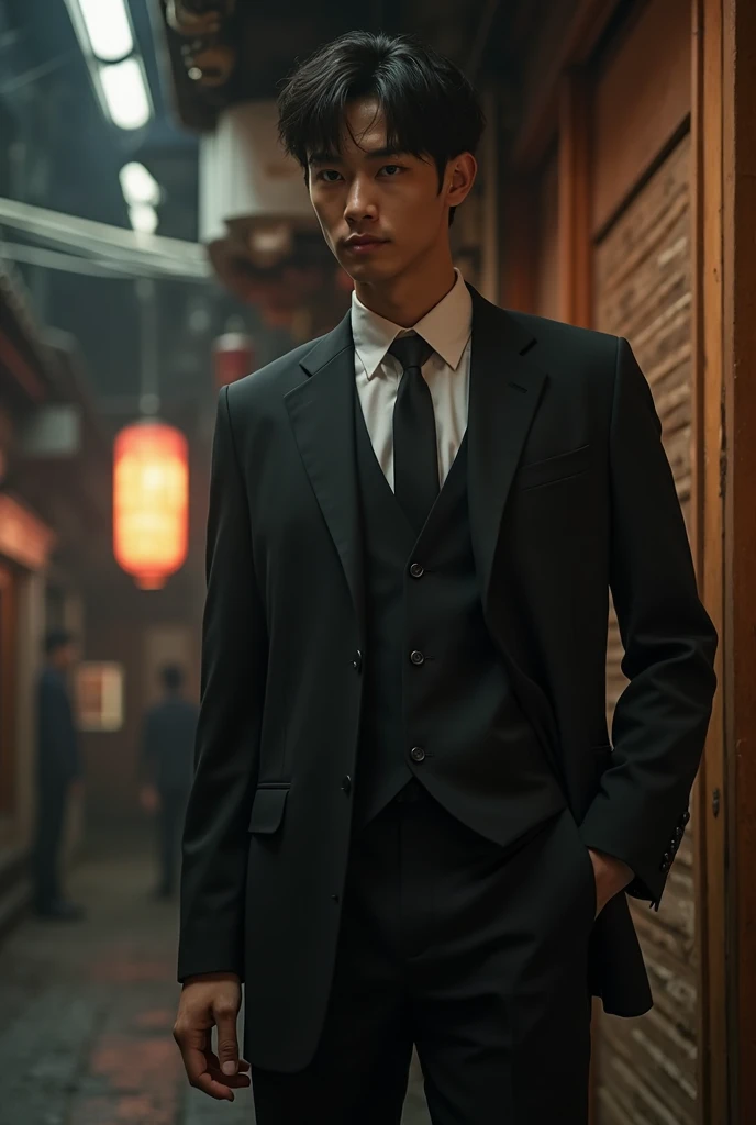 Photo of young muscular 20 year old Korean man, black hair falling on the forehead,de corpo inteiro,inspired no ator lee jun-ho ,he is wearing formal clothes, a suit and tie, looking at the camera in an alley,8k ,ultra realisitic 