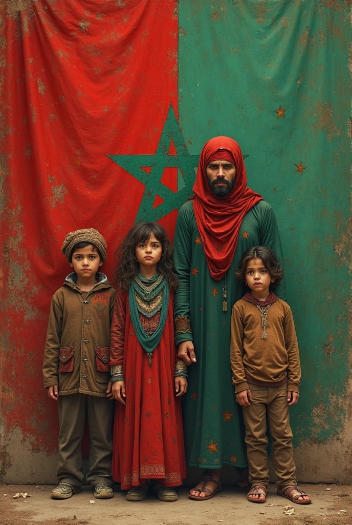 A 27 years old beard boy with panjabi, tie up black cloth in mouth, a 18 years old burka niqab hijab girl and a 3 year baby boy on busy road with Bangladesh flag in hand, infront of a place named "Konabari Gazipur"
