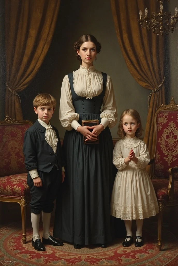 In the center of the image, depict Mary Ann Bevan, a woman in the early 20th century, with a solemn yet determined expression on her face. She stands tall, holding the hands of her two young children, a boy and a girl, on either side of her. They wear modest, worn-out clothing that signifies their difficult circumstances.