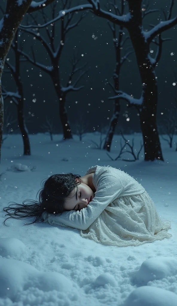 On a snowy night, On the edge of the mysterious forest scene in the movie, A newborn baby lies wrapped in wool and fur. The eerie atmosphere of medieval Hungary surrounds the scene, creating a cinematic atmosphere. The baby is delicately depicted, Intricate details of soft wool and fur are emphasized. The darkness of the night enhances the mysterious aura, The tree々Shadows cast on the moonlight passing between. The scene is wrapped in a cool color scheme, As blue and purple reign, Adds to the mystique of the setting. The lighting is carefully made, Dim natural light plays an important role in creating the atmosphere. The prompt is、Enhance the high quality and detail of the image, Focus on realistic and photorealistic attributes. The prompt has a、Art style and texture elements are also incorporated, Describe the scene as a medium for cinematic scenery.