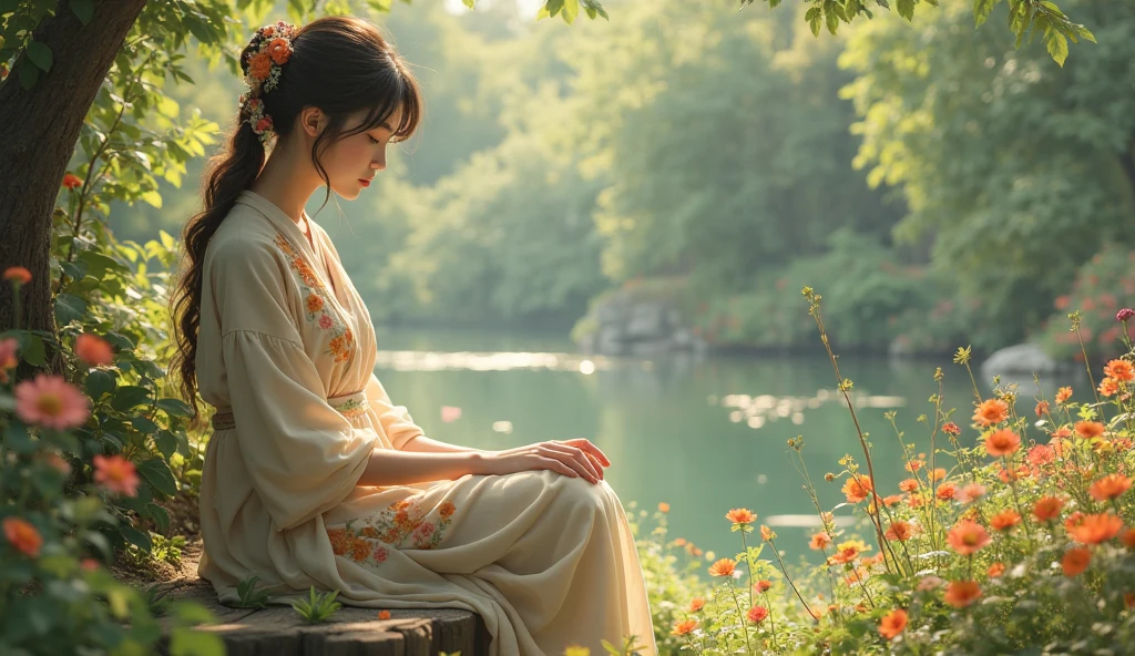 hanfu, 1girl, medium breasts, red Diamond in cleavage, mountain, soaking feet, sitting, Chinese park background,white thighhighs,Clear water,(feet:1.3), too many flowers,