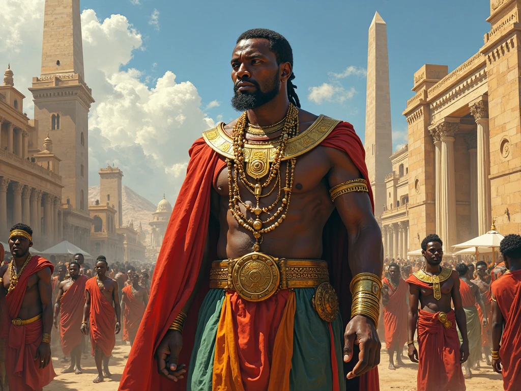 4 African man with golden crown and king's cape with double axe in hand standing full body with a tower behind
