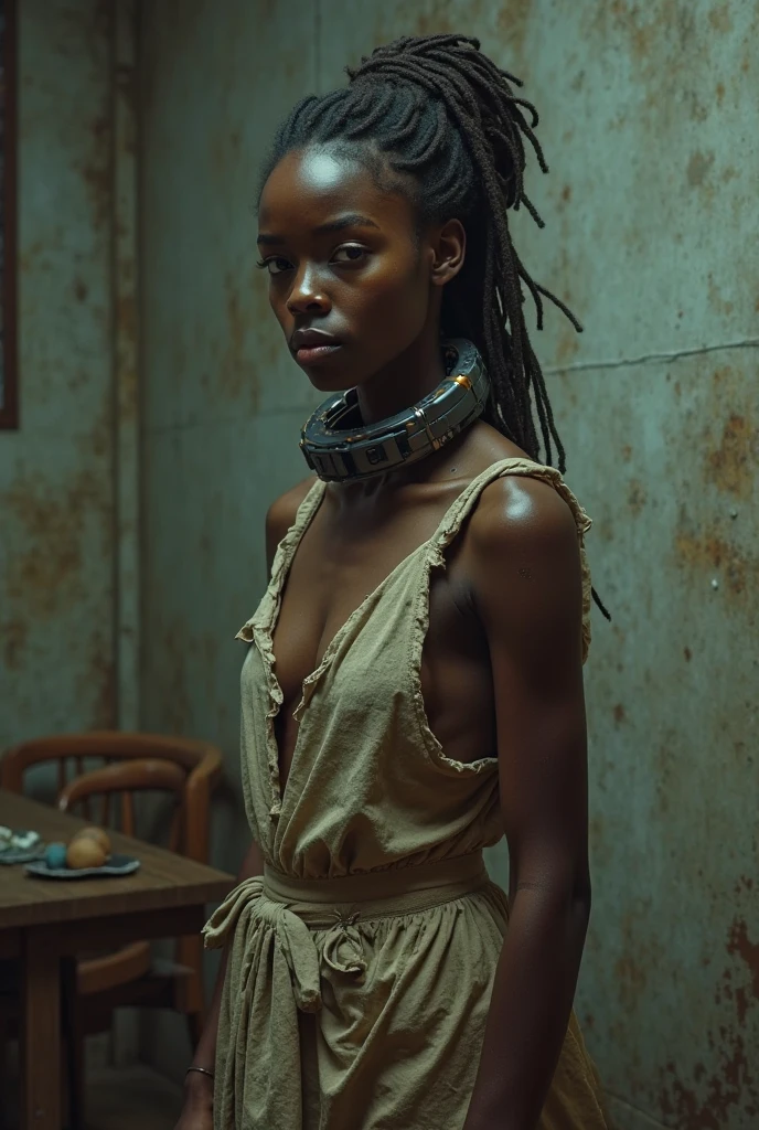 very tall congolese girl, (very young, adolescent), (afro haircut, very small breasts, very skinny, nose ring, tatoos, fearful, scared), (red latex bodysuit, choker), (close shot, face shot, portrait,intimate camera, realistic, photorealistic)