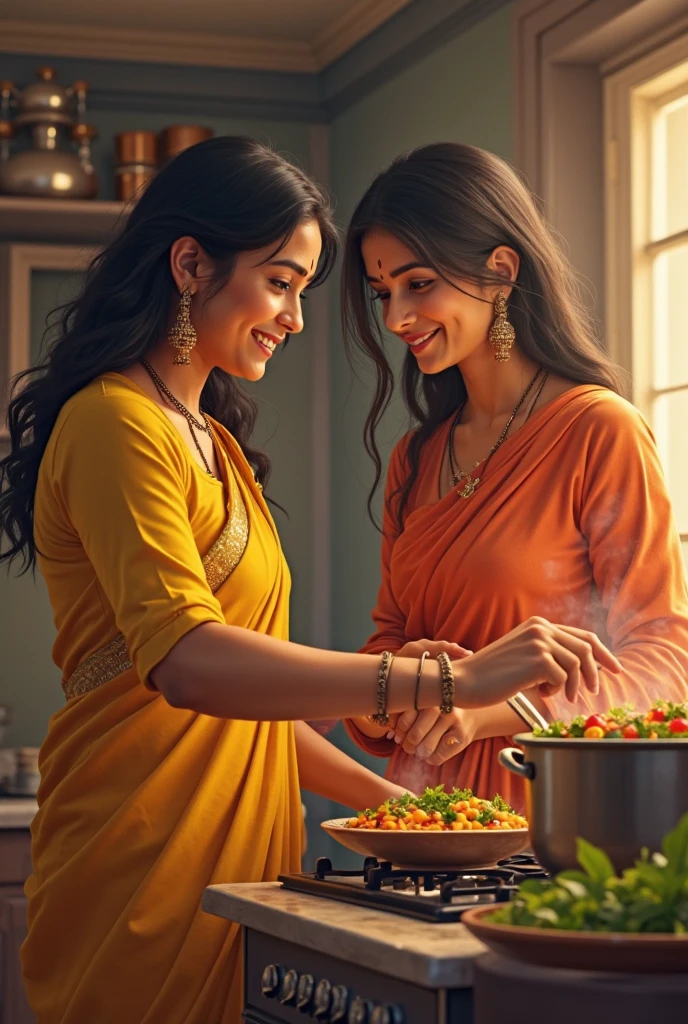 A hyper-realistic, heartwarming scene in a bright and modern Malaysian kitchen with a young Tamil Malaysian girl and her mother joyfully cooking together. Both are smiling warmly and looking directly at the camera with natural, expressive eyes. They are dressed in vibrant, traditional sarees, with the girl stirring a pot of food while the mother guides her, capturing the essence of a close family bond. The kitchen is well-lit with natural sunlight streaming through large windows, showcasing brass and copper utensils, neatly organized shelves, and traditional spices. Every detail is flawless, from the realistic skin texture to the precise anatomy, especially in the hands and eyes, creating a lively and inviting atmosphere. [Ultra-detailed, high resolution, vibrant colors, realistic lighting, photorealistic, 4k, perfect anatomy, perfect facial expressions, smiling faces, eye contact, professional photography, cinematic quality, flawless rendering]