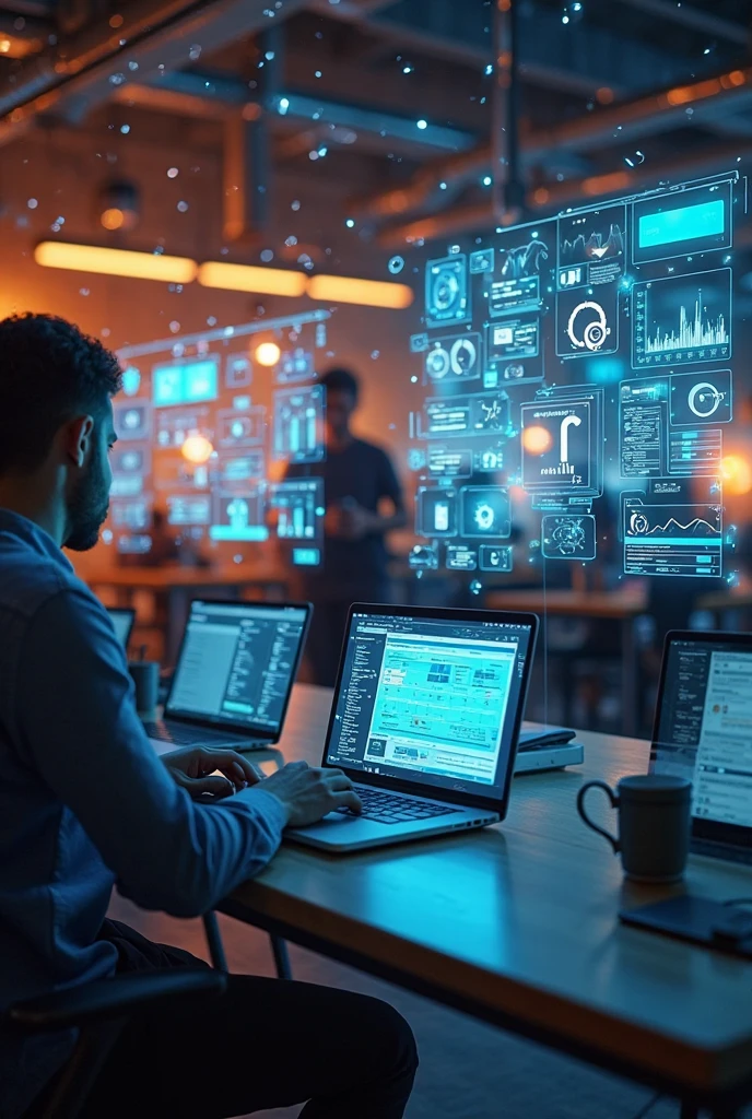 ai driven automation, floating screens, with orbs, ai wrokflow, screens, laptop, automation, people working on syste, softaware developement, ai workflow, transparent ui screens floating, orange and blue hue, real humans, floating screens, transaparent ui screens, people from back