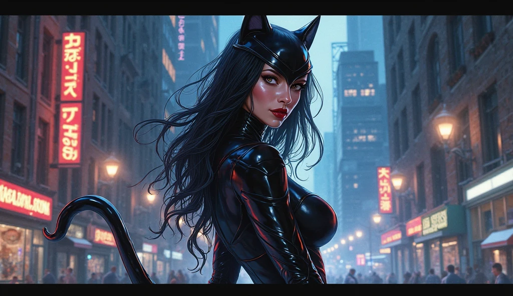 Photo RAW, [Nicole Scherzinger] as Catwoman, lighting around her body, posing, hero, ruined background city, (highly detailed skin: 1.2), anatomically perfect hands feet and legs, 8k uhd, dslr, soft lighting, high quality, grain film, Fujifilm XT3