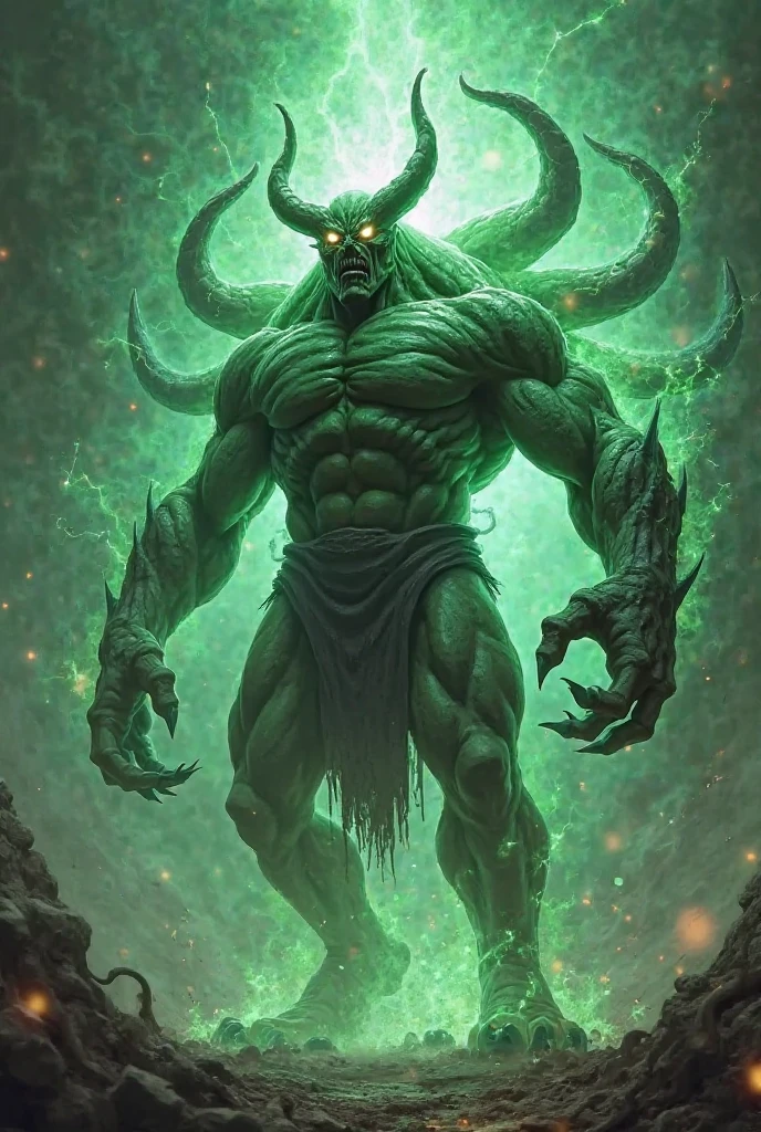 photorealistic of Malfurion Stormrage from World of Warcraft classic in fighting stance hitting his weapon all his ultimate power against his enemies, green pulse and explosion from his weapon, intricate detailed, epic war background, best quality