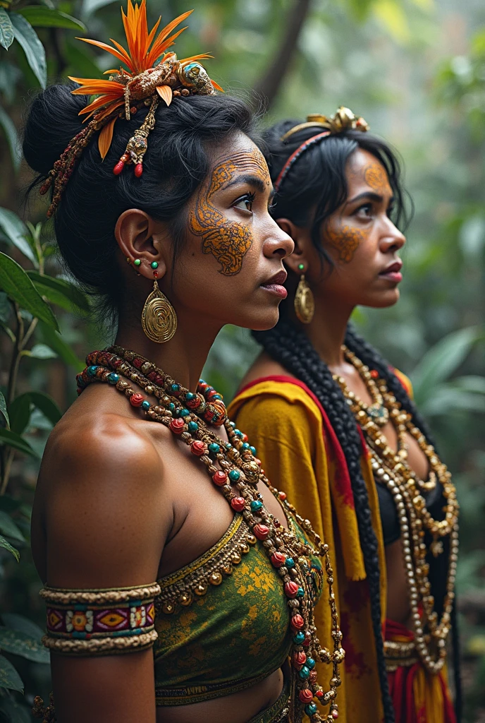 indigenous shuar, women, ecuadorian, stop in front of a beautiful jungle landscape, Amazonian, vibrant colors, Very detailed, sunrise, Masterpiece, hyper realistic, kodak film, camera Nikon Zfc, Sigma art 18mm