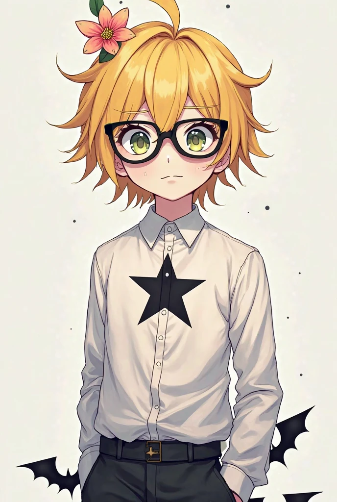 Male character with yellow hair and yellow horns with white on the horns and white skin and a black shirt and blue shorts with white stars on the pants and black glasses and with a cigarette in his mouth 