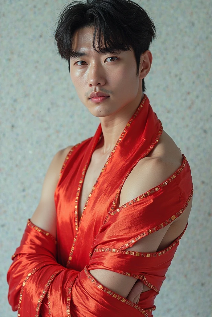 (masterpiece:1.2, photorealistic:1.4, ultra realistic, super detailed, 4k, best quality), an 16-year-old Chinese boy wearing only a shear see-through red silk kimono in a chinese garden, prince with crown on his head, young face, chinese idol, very slim body build, skinny, twink, light muscle definition, young boy, handsome face, Cute and lively, detailed eyes, detailed face, full body image, Super refined, detailed face, detailed eyes, ultra realistic skin, shot on Nikon d850 50mm, dlsr, RAW, natural day time lighting